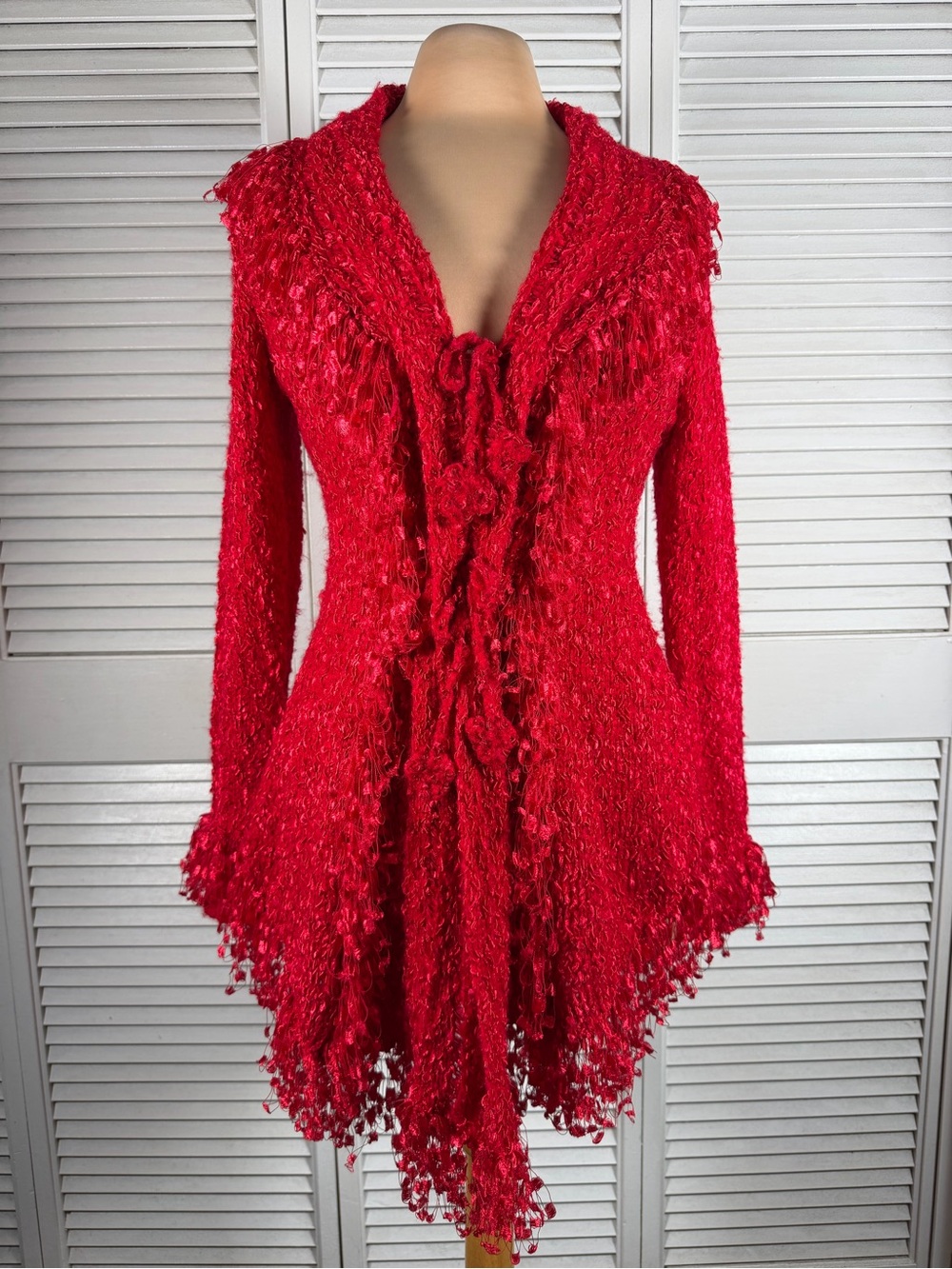 Red Asymmetrical Fringe Cardigan Tie Front Textured Artsy Boho